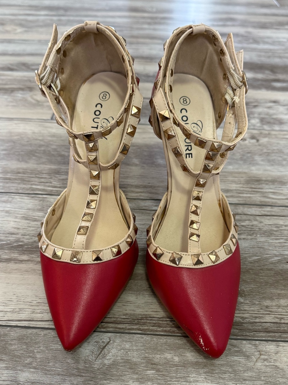 Red Pointed Studded T-Strap Heels with Nude Trim